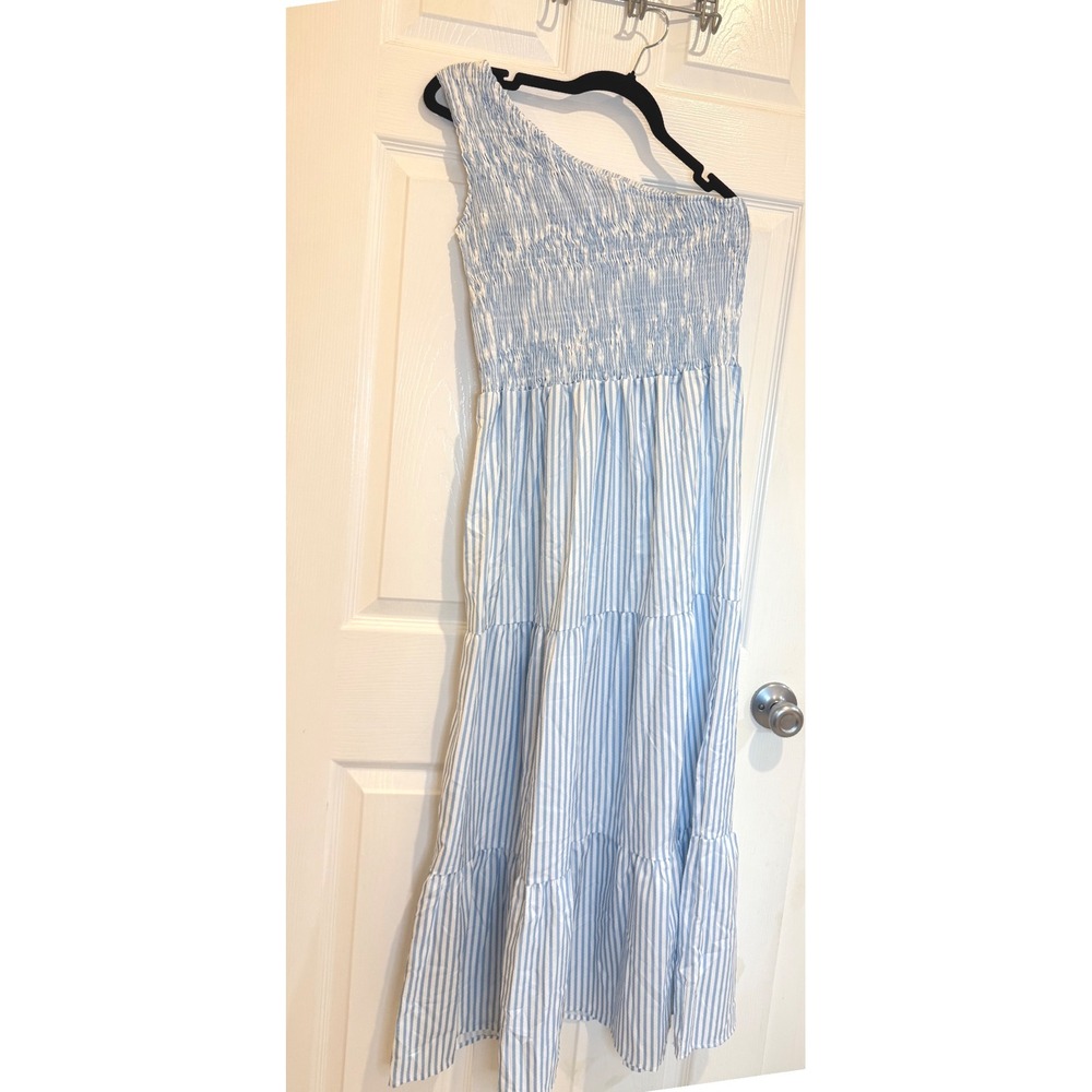 One Shoulder Smocked Striped‎ Tiered Midi Dress Casual Summer Size M